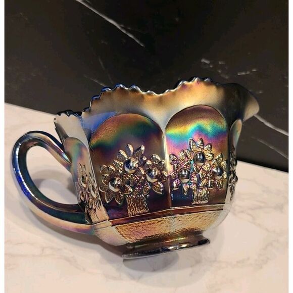 Fenton Carnival Glass Creamer Orange Tree Pattern Blue Base Scallop Edge GUC - Picture 3 of 9